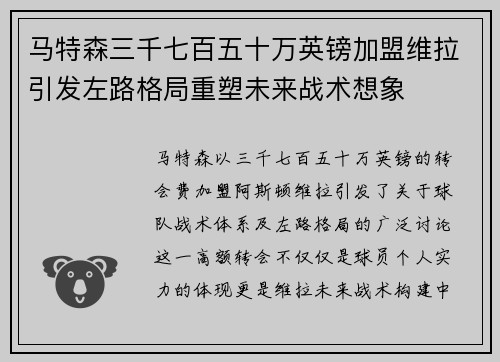 马特森三千七百五十万英镑加盟维拉引发左路格局重塑未来战术想象